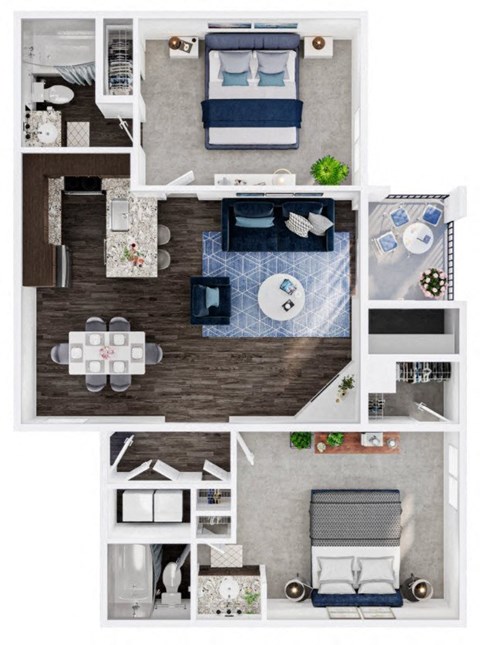 Floor plan for 2 beds, 2 baths, 1000 sqft